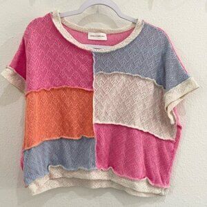 Colorful Boutique Patchwork Crochet Boxy Top Boho Mod Shabby Chic Short Sleeve